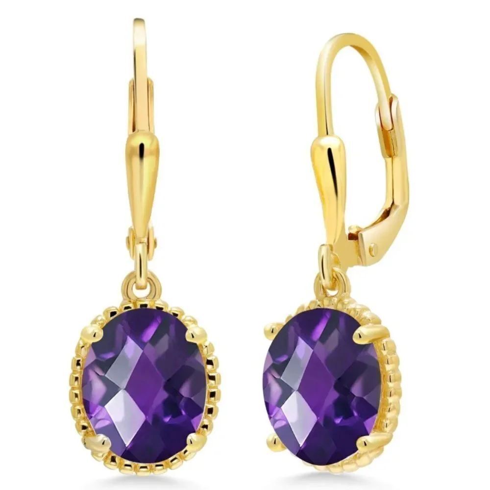 18K Yellow Gold 925 with 3.20 Cttw AmethystโOval Leverback Hook Earrings